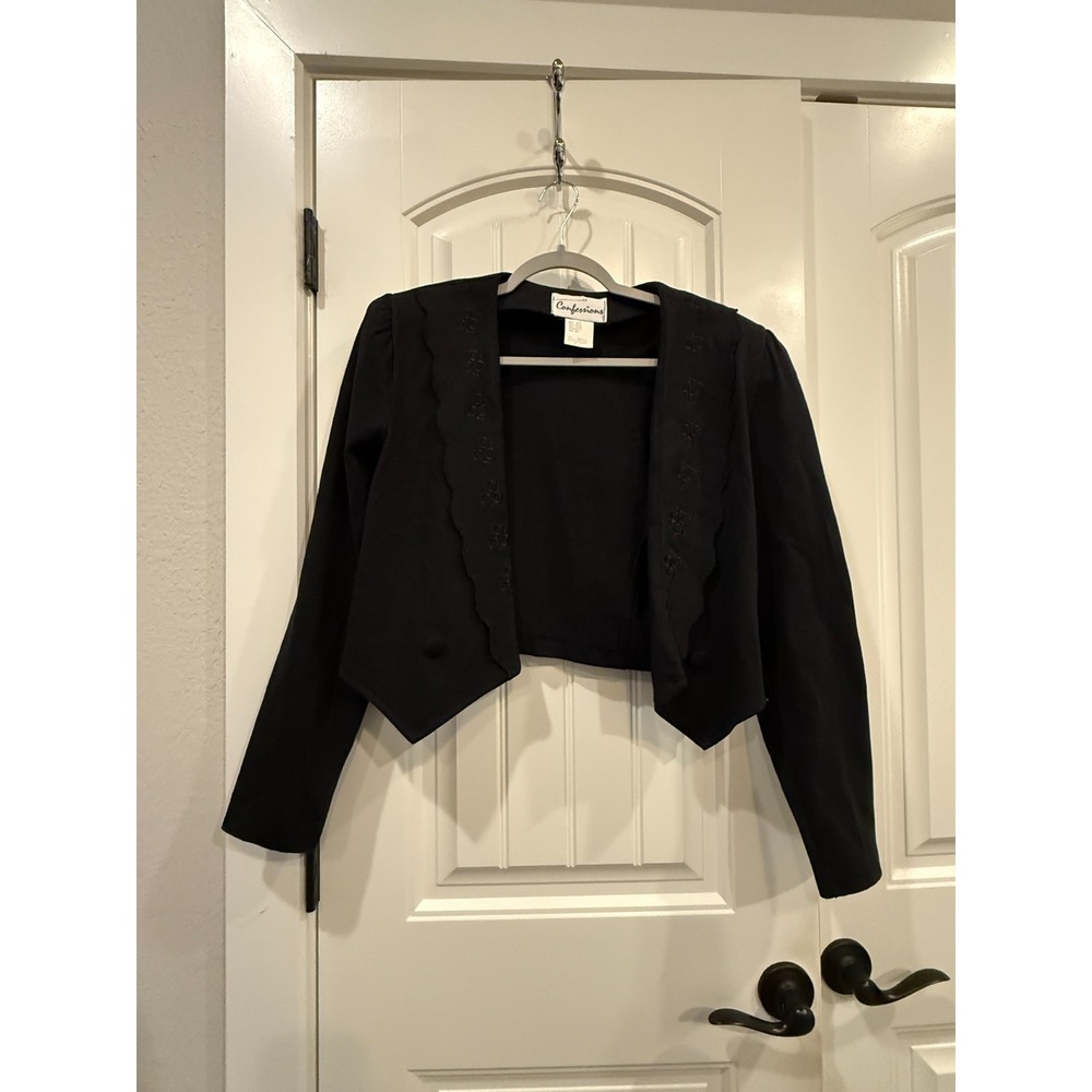 Confessions Womens Blazer‎ M Black Cropped Embroidered Collar Cottagecore Granny